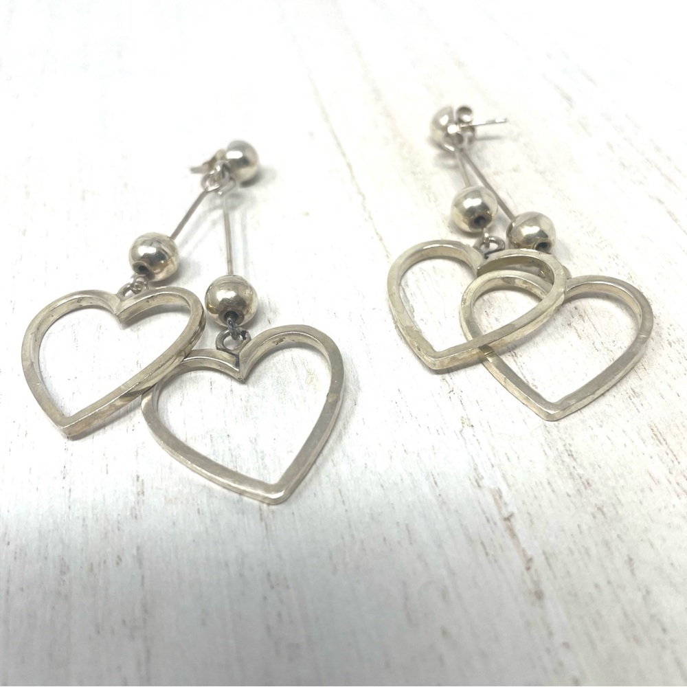 Sterling Silver Double Heart Dangle Post Earrings… - image 5